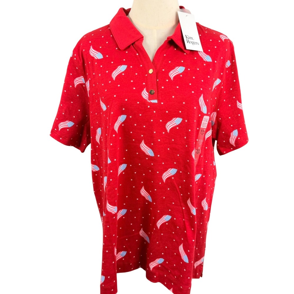 Red Americana Polo Shirt Womens XXL Top USA Flag Star Patriotic Holiday Festive